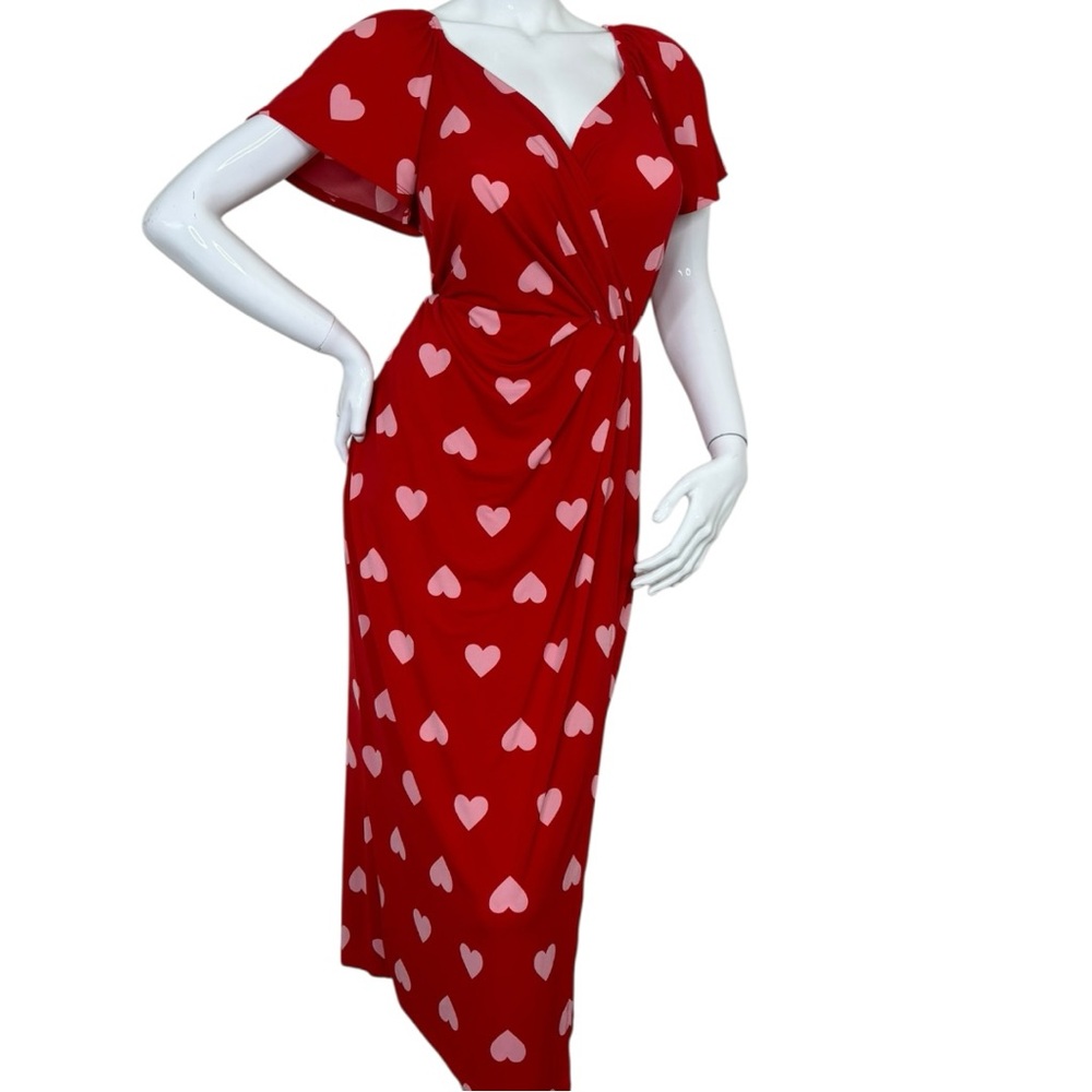 LANE BRYANT WOMEN'S RED PINK HEART FLUTTER SLEEVE FAUX-WRAP MAXI MID DRESS PLUS - Picture 4 of 12